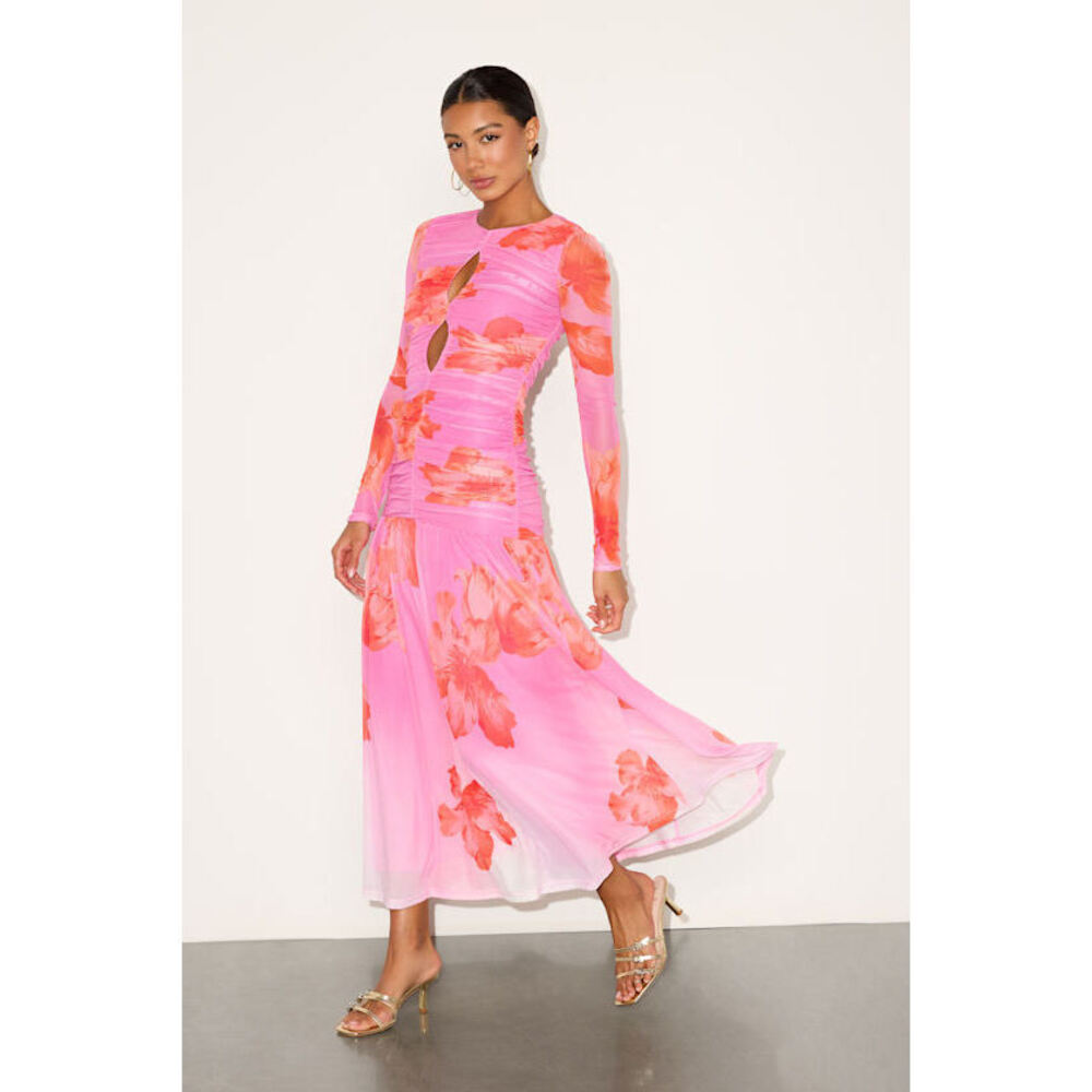 Lulus 💖 Alexius Pink Floral Mesh Cutout Long Sleeve Maxi Dress ✨ Size M, NWTS